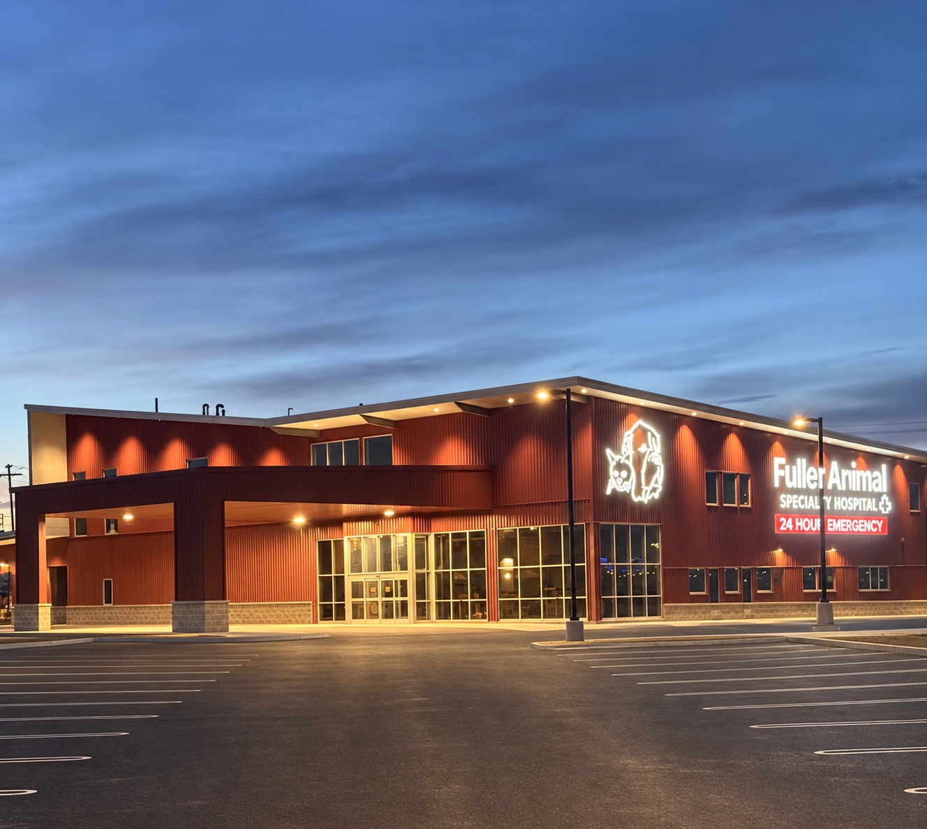 Completed animal specialty hospital illuminated at blue hour