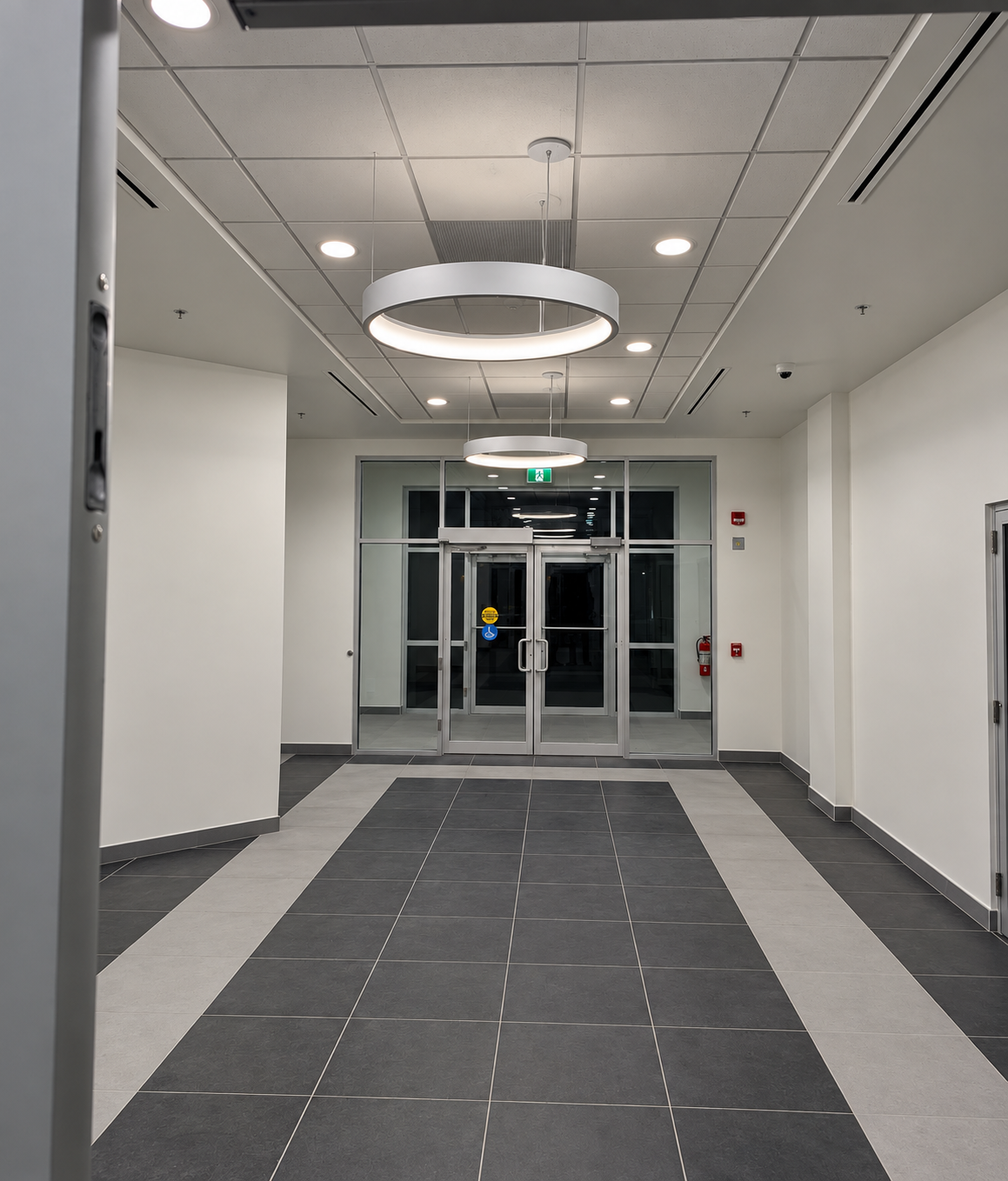 Finished commercial entrance with balanced circular feature lighting