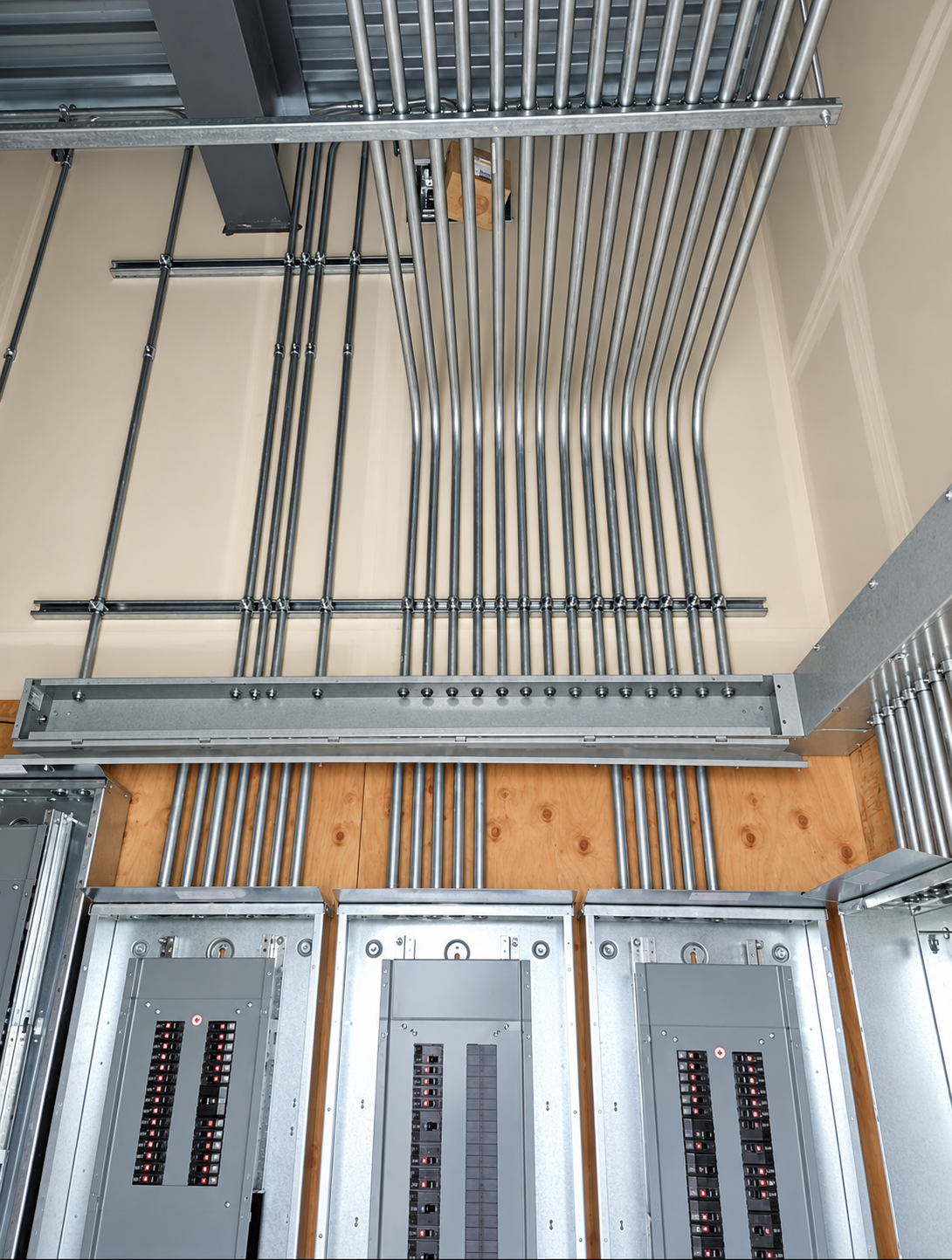 Organized conduit banks above commercial electrical panels