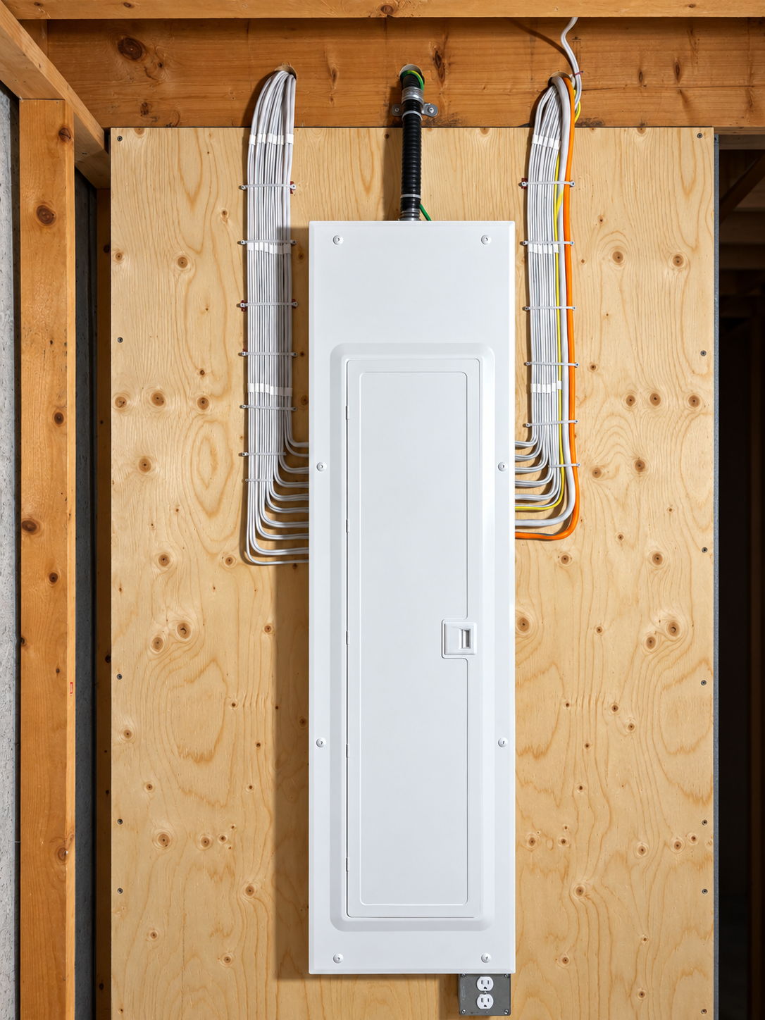 Clean commercial electrical panel installation with precisely routed conductors