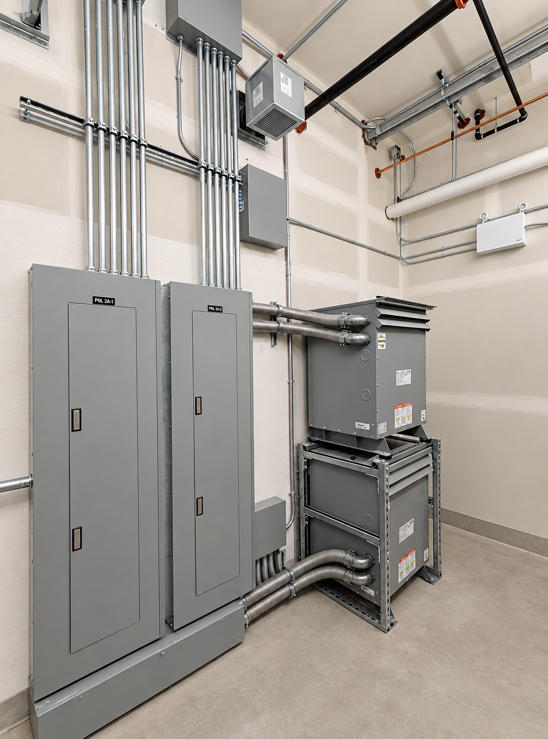 Finished commercial electrical room with panels, transformers and organized conduit